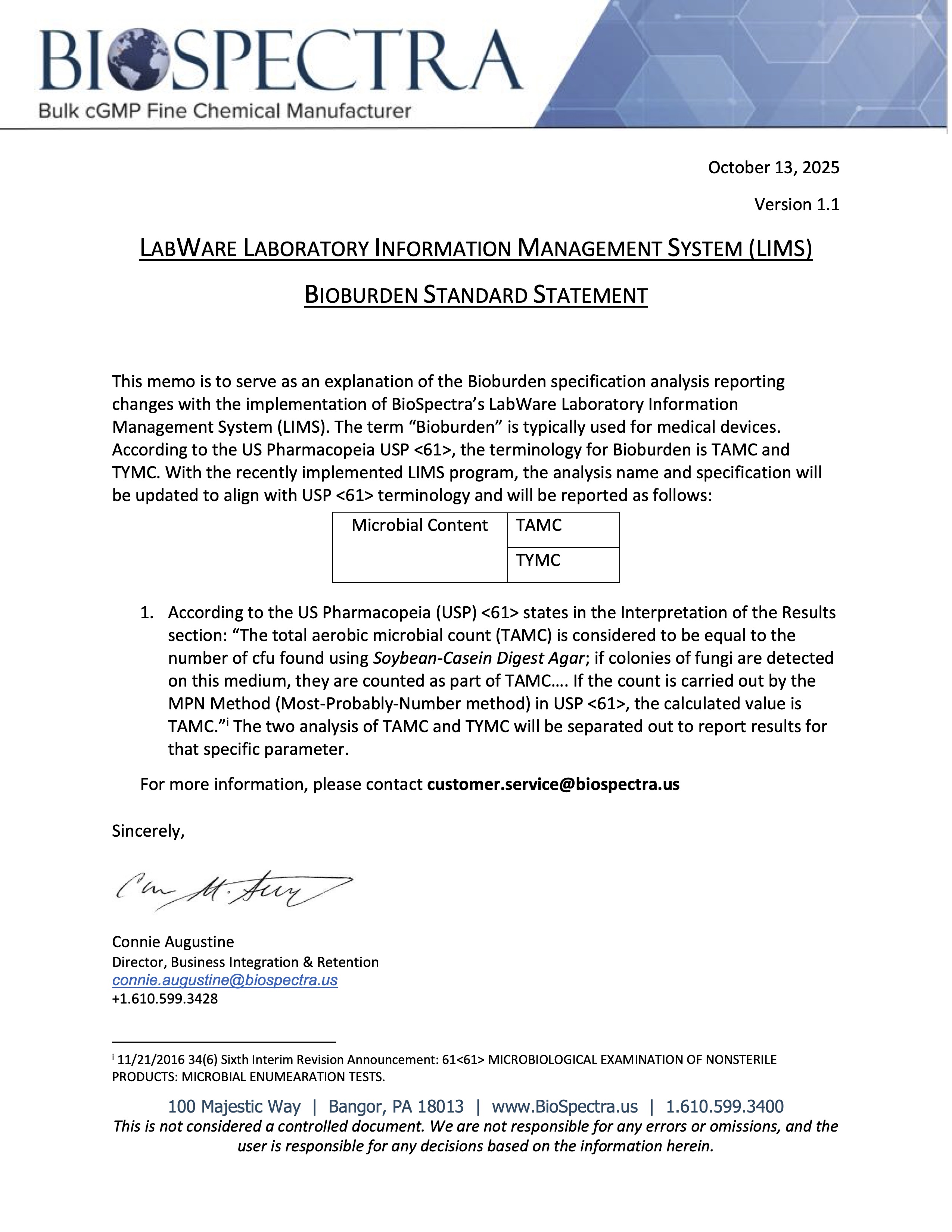 LIMS Bioburden Statement