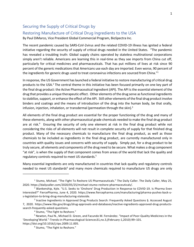 Onshoring to Secure Supply Chain for US Drugs 08.18.2020