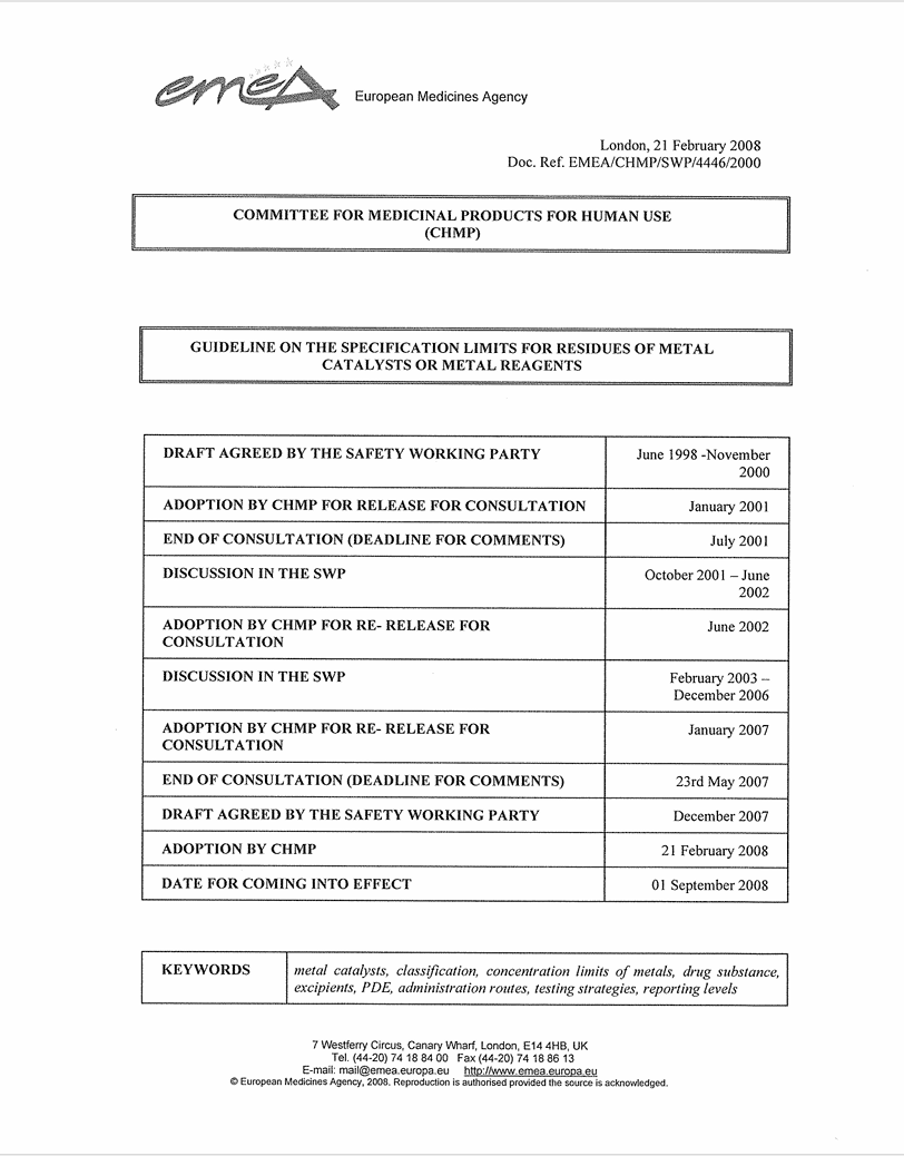 Guideline for Metal Catalysts or Reagents - EMA_ CHMP_ SWP_ 4446_ 2000