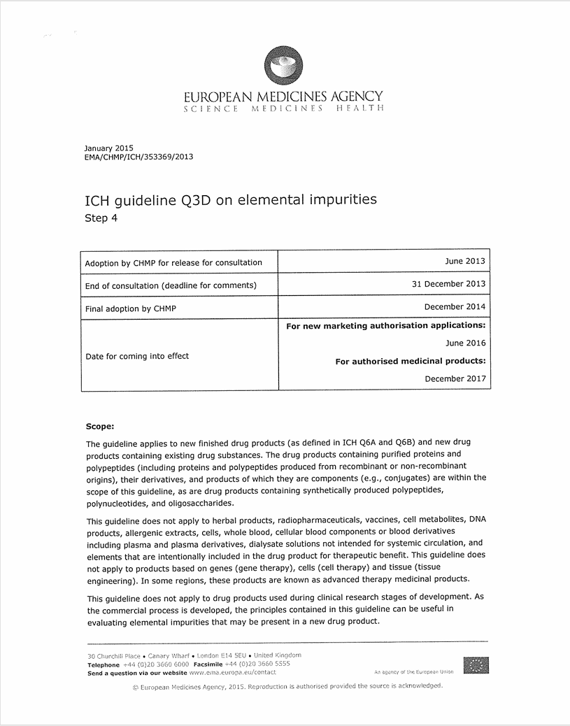 ICH Guideline Q3D on Elemental Impurities - EMA_ CHMP_ ICH_ 353369_ 2013