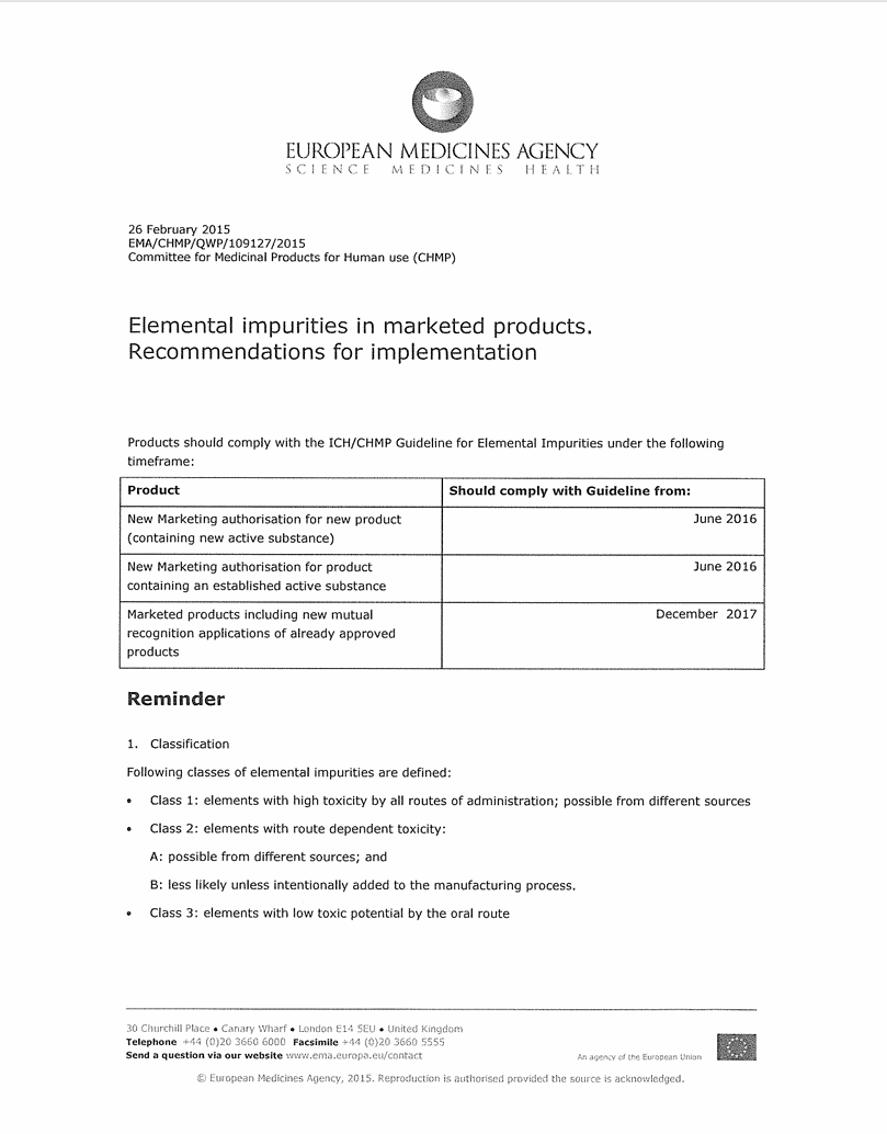 Elemental Impurities in Marketed Products - EMA_ CHMP_ QWP_ 109127_ 2015