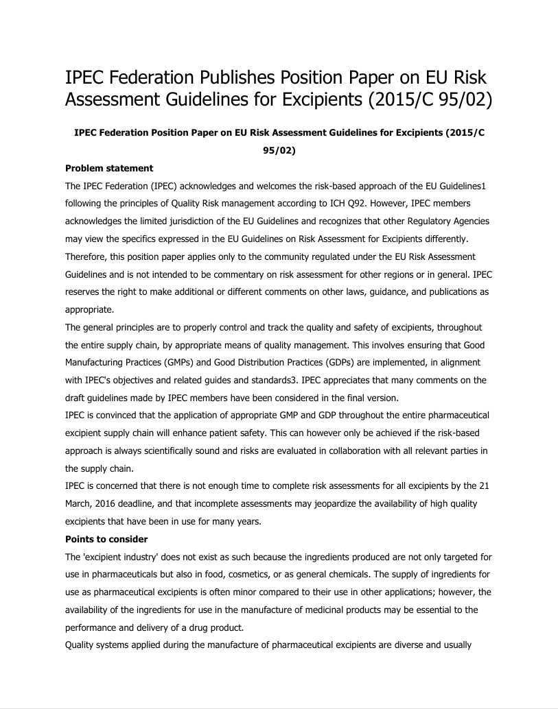 IPEC Federation EU Risk Assessment Guidelines for Excipients